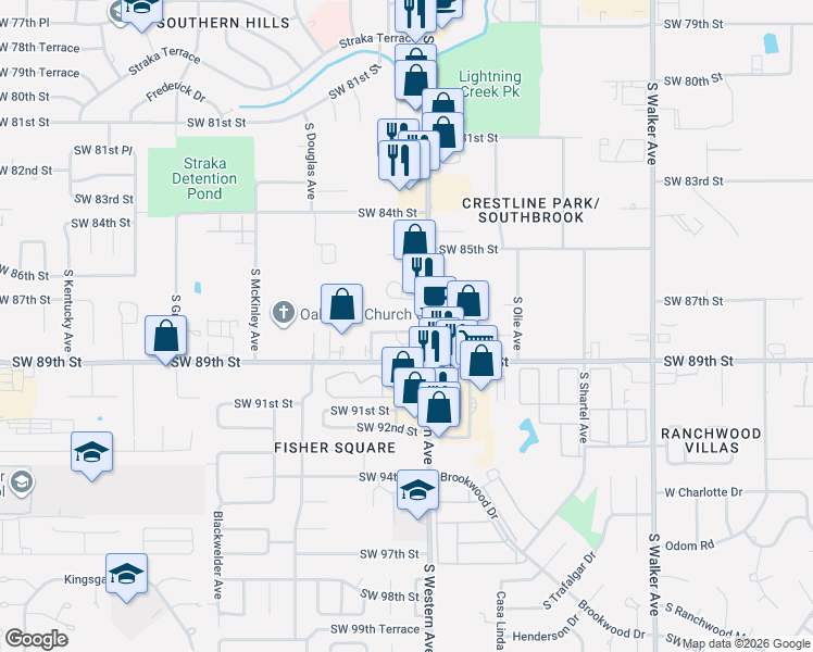 map of restaurants, bars, coffee shops, grocery stores, and more near Southwest 87th Street in Oklahoma City