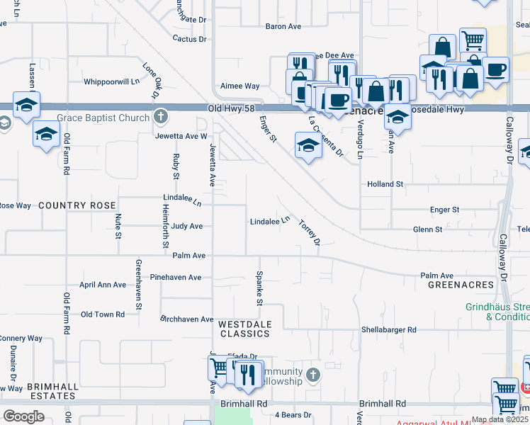 map of restaurants, bars, coffee shops, grocery stores, and more near 2100 Jason Street in Bakersfield