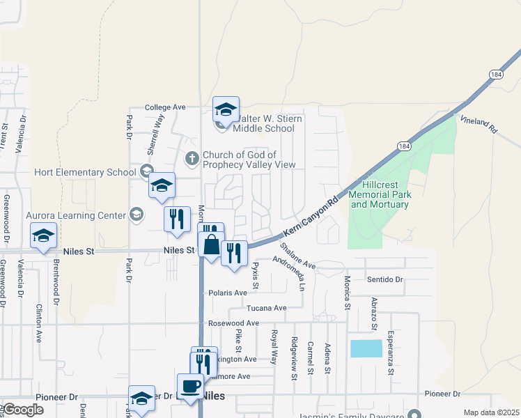 map of restaurants, bars, coffee shops, grocery stores, and more near 8500 Kern Canyon Road in Bakersfield
