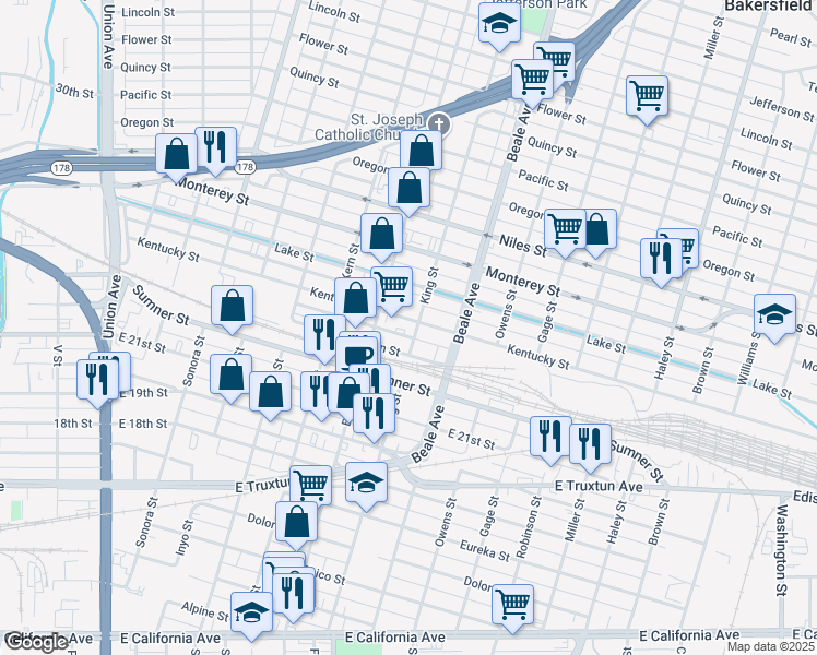 map of restaurants, bars, coffee shops, grocery stores, and more near 1007 King Street in Bakersfield