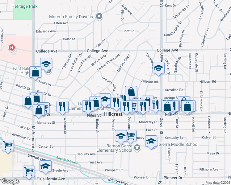 map of restaurants, bars, coffee shops, grocery stores, and more near 2808 Primera Vista in Bakersfield