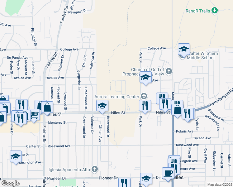 map of restaurants, bars, coffee shops, grocery stores, and more near 7409 Glendale Avenue in Bakersfield