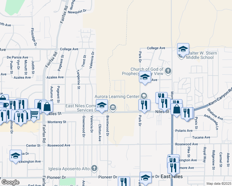 map of restaurants, bars, coffee shops, grocery stores, and more near 7409 Glendale Avenue in Bakersfield