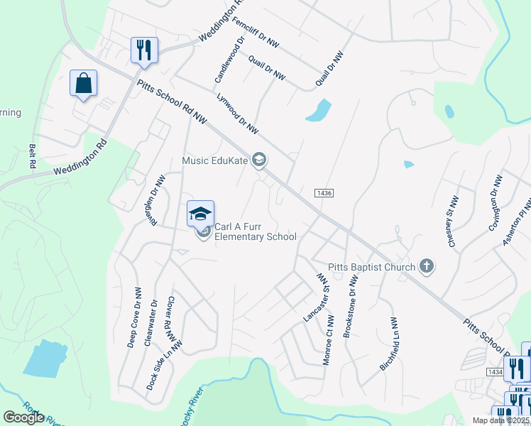 map of restaurants, bars, coffee shops, grocery stores, and more near 2608 Brackley Place Northwest in Concord