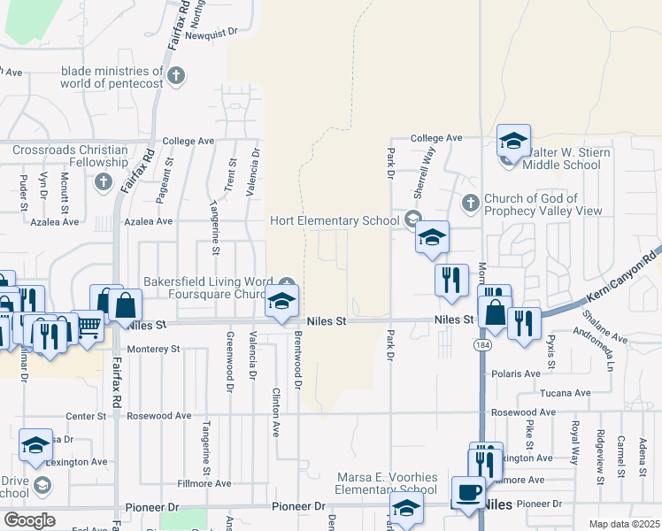 map of restaurants, bars, coffee shops, grocery stores, and more near 7421 Glendale Avenue in Bakersfield
