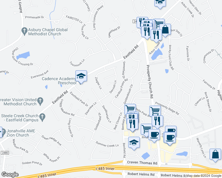 map of restaurants, bars, coffee shops, grocery stores, and more near 12515 Dervish Lane in Charlotte