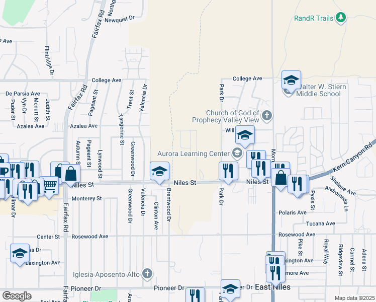 map of restaurants, bars, coffee shops, grocery stores, and more near 7421 Glendale Avenue in Bakersfield