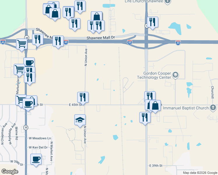 map of restaurants, bars, coffee shops, grocery stores, and more near 500 East 45th Street in Shawnee