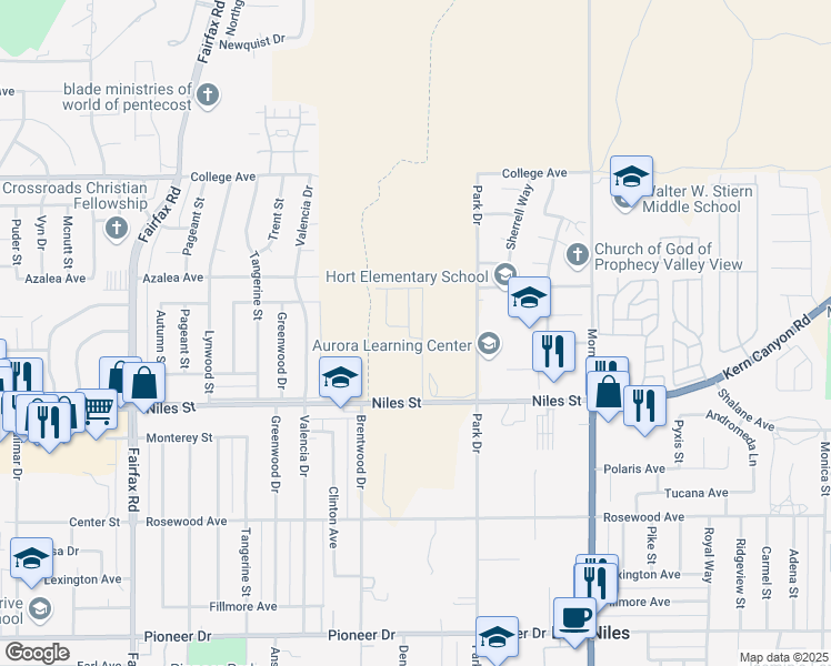 map of restaurants, bars, coffee shops, grocery stores, and more near 2703 Mallow Way in Bakersfield