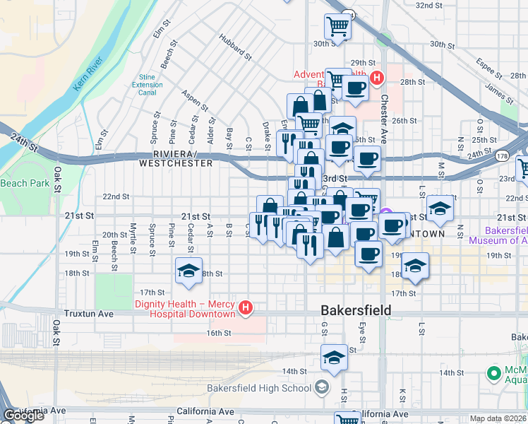 map of restaurants, bars, coffee shops, grocery stores, and more near 2121 22nd Street in Bakersfield