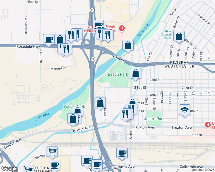 map of restaurants, bars, coffee shops, grocery stores, and more near 3434-3500 21st Street in Bakersfield