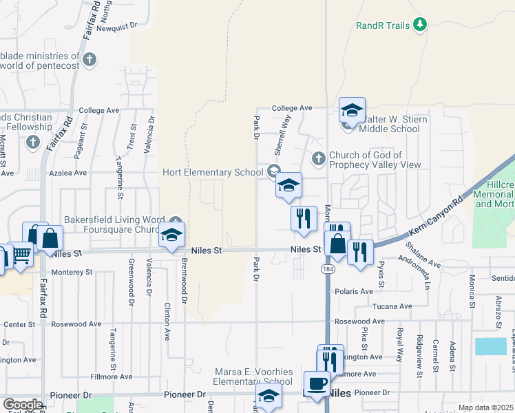 map of restaurants, bars, coffee shops, grocery stores, and more near 2001-2499 Park Dr in Bakersfield