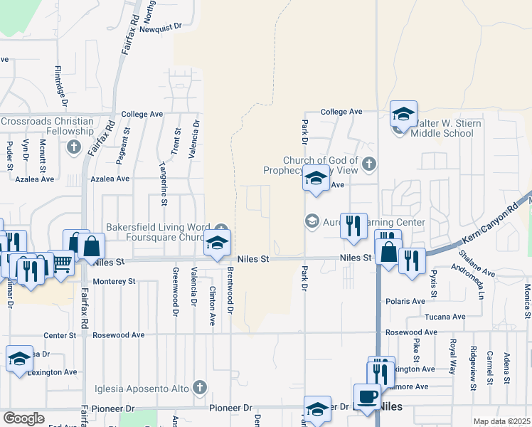 map of restaurants, bars, coffee shops, grocery stores, and more near 2301 Park Drive in Bakersfield