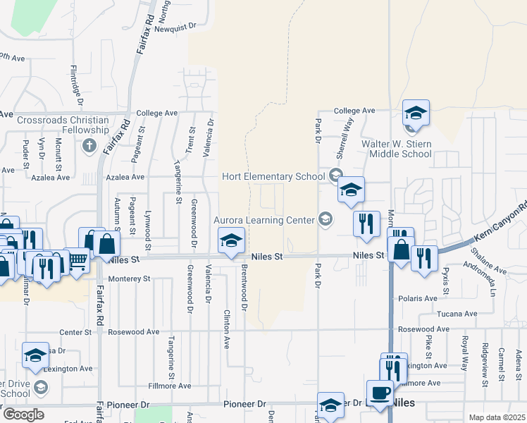 map of restaurants, bars, coffee shops, grocery stores, and more near 2301 Park Drive in Bakersfield