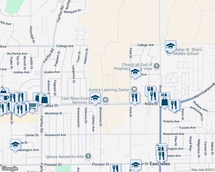 map of restaurants, bars, coffee shops, grocery stores, and more near 2301 Park Drive in Bakersfield