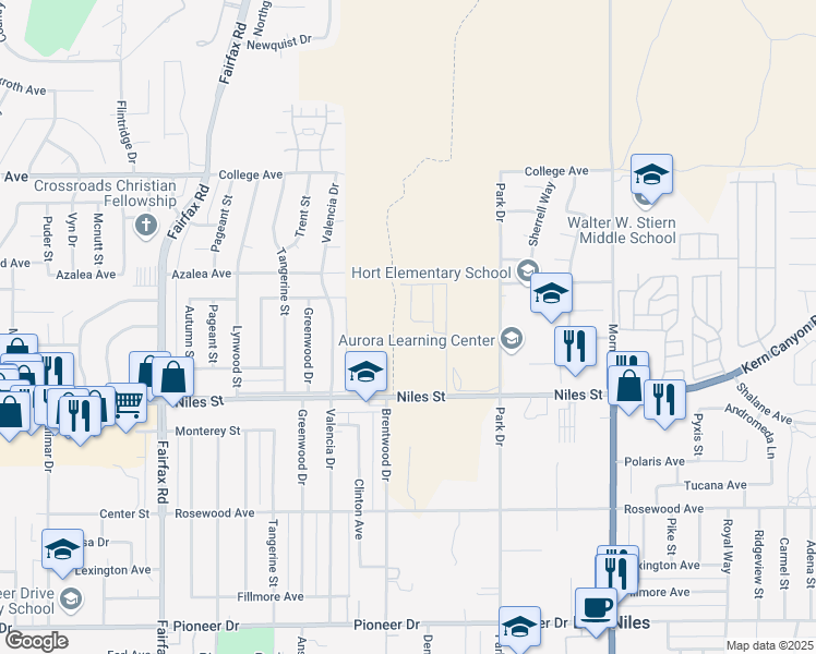 map of restaurants, bars, coffee shops, grocery stores, and more near 7299 Franklin Avenue in Bakersfield