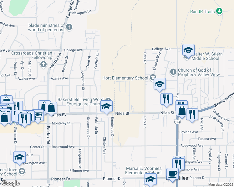 map of restaurants, bars, coffee shops, grocery stores, and more near 7299 Franklin Avenue in Bakersfield