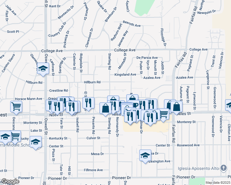 map of restaurants, bars, coffee shops, grocery stores, and more near 3928 Mitchell Avenue in Bakersfield