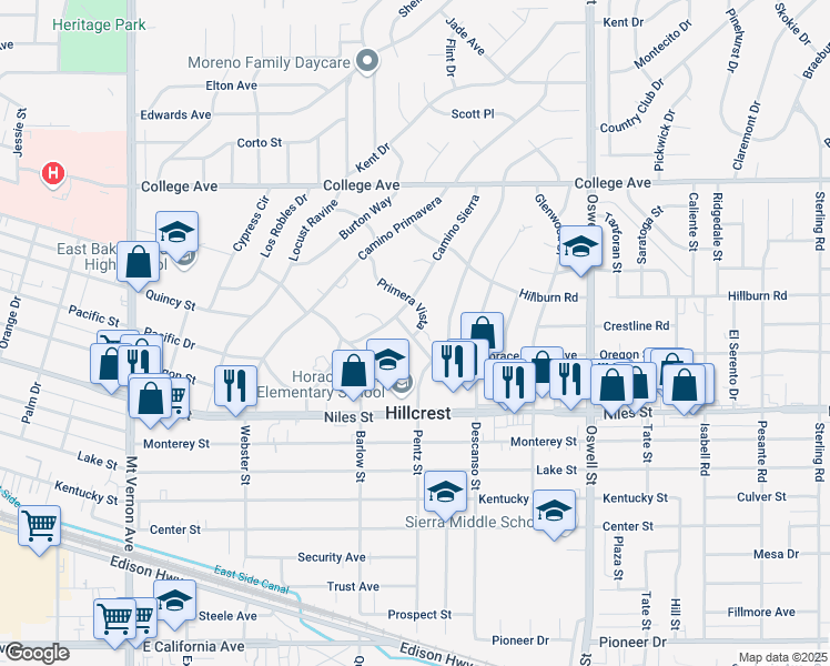 map of restaurants, bars, coffee shops, grocery stores, and more near 2808 Primera Vista in Bakersfield