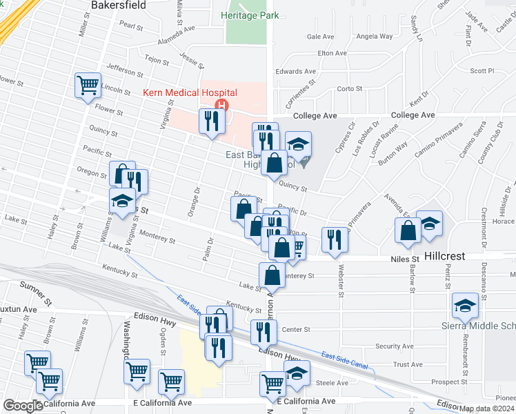 map of restaurants, bars, coffee shops, grocery stores, and more near 2120 Pacific Street in Bakersfield
