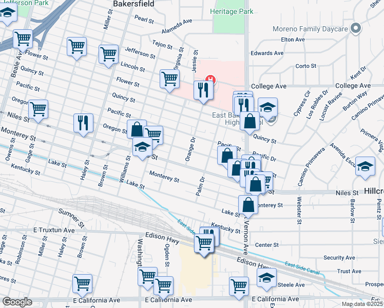 map of restaurants, bars, coffee shops, grocery stores, and more near 1870 Oregon Street in Bakersfield