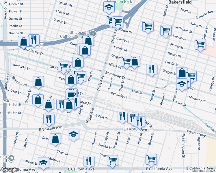 map of restaurants, bars, coffee shops, grocery stores, and more near 1130 Owens Street in Bakersfield
