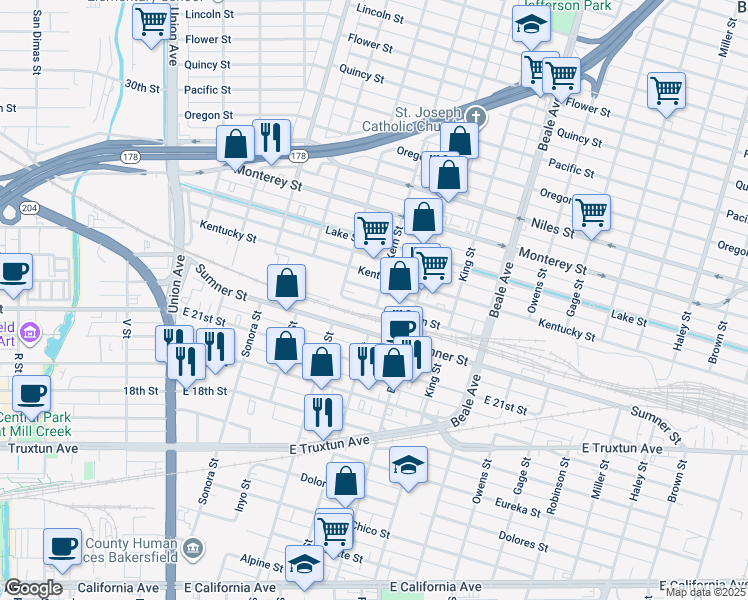 map of restaurants, bars, coffee shops, grocery stores, and more near 604 Kentucky Street in Bakersfield
