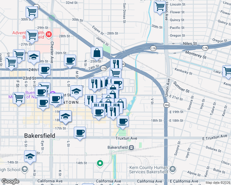 map of restaurants, bars, coffee shops, grocery stores, and more near 701 22nd Street in Bakersfield