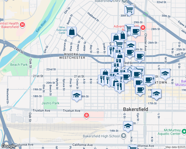 map of restaurants, bars, coffee shops, grocery stores, and more near 2120 B Street in Bakersfield