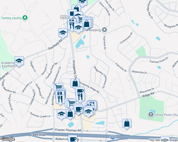 map of restaurants, bars, coffee shops, grocery stores, and more near 6423 Prosperity Commons Drive in Charlotte