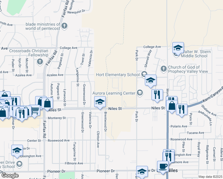 map of restaurants, bars, coffee shops, grocery stores, and more near 7401 Glendale Avenue in Bakersfield