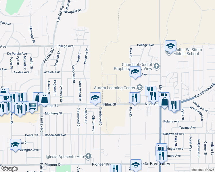 map of restaurants, bars, coffee shops, grocery stores, and more near 7405 Glendale Avenue in Bakersfield