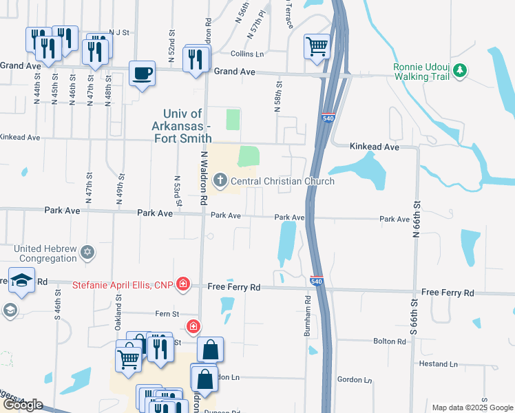 map of restaurants, bars, coffee shops, grocery stores, and more near 5401-5583 Park Ave in Fort Smith