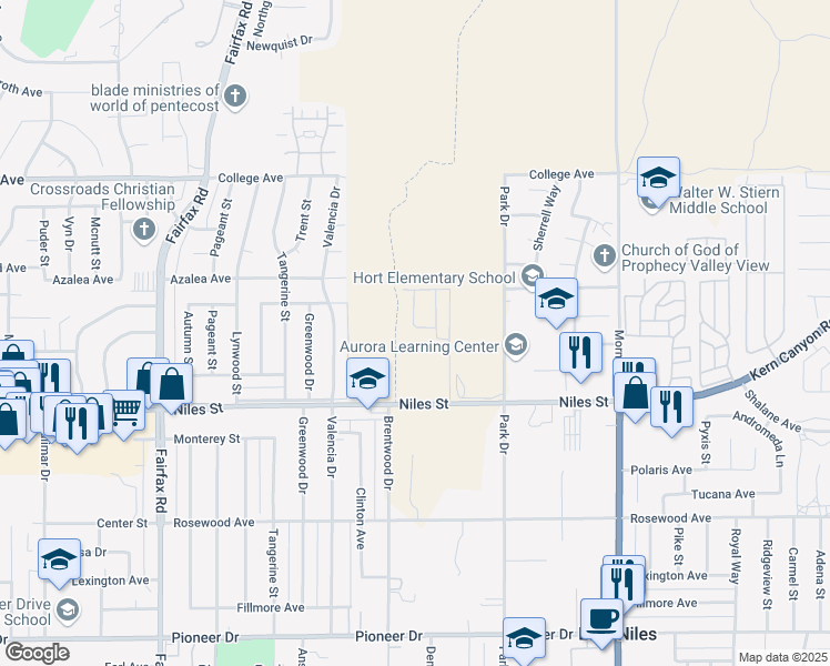 map of restaurants, bars, coffee shops, grocery stores, and more near 7405 Glendale Avenue in Bakersfield