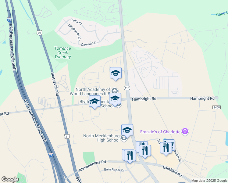 map of restaurants, bars, coffee shops, grocery stores, and more near 12010 Hambright Road in Huntersville