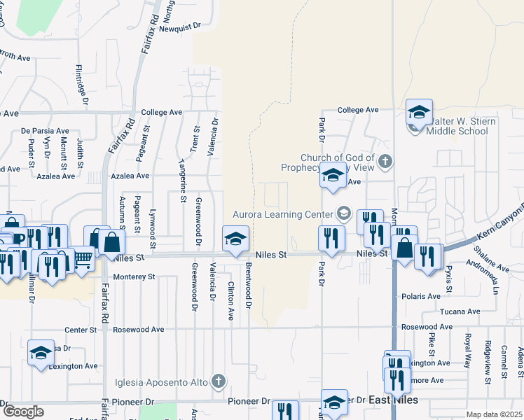 map of restaurants, bars, coffee shops, grocery stores, and more near 7401 Glendale Avenue in Bakersfield