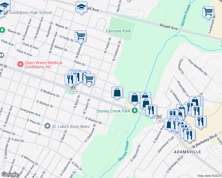 map of restaurants, bars, coffee shops, grocery stores, and more near 2003 Peachtree Street in Goldsboro