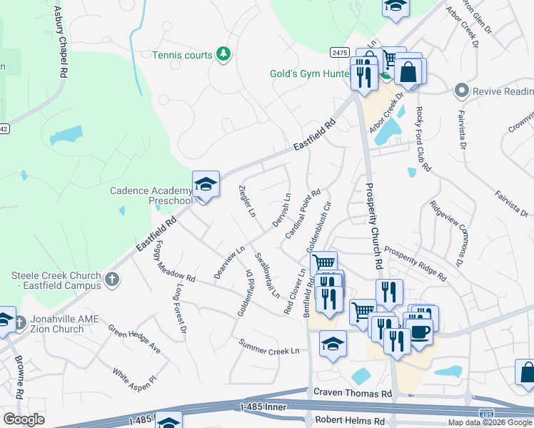 map of restaurants, bars, coffee shops, grocery stores, and more near 9626 Duxford Lane in Charlotte