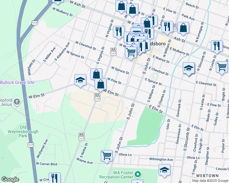 map of restaurants, bars, coffee shops, grocery stores, and more near 119 West Elm Street in Goldsboro