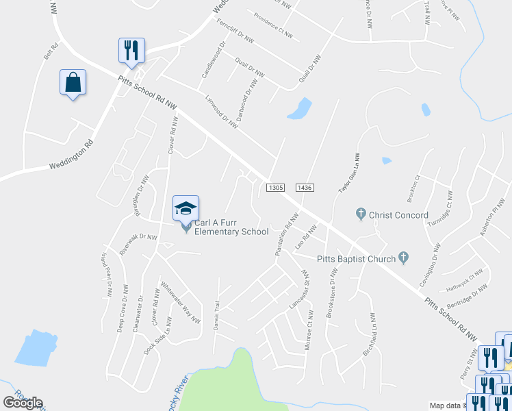 map of restaurants, bars, coffee shops, grocery stores, and more near 2603 Brackley Place Northwest in Concord