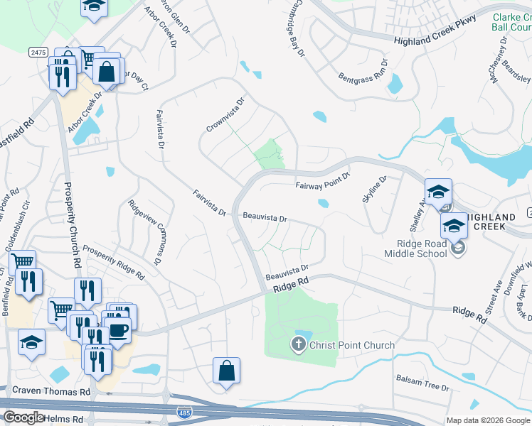 map of restaurants, bars, coffee shops, grocery stores, and more near 3837 Beauvista Drive in Charlotte