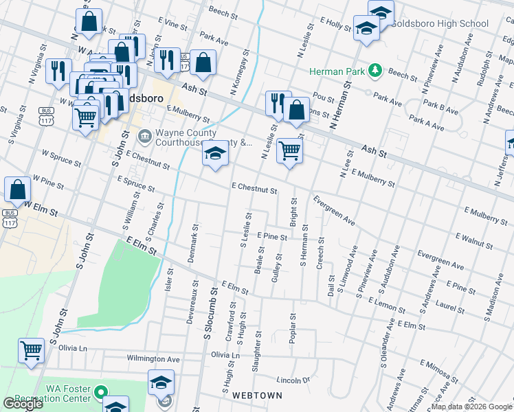 map of restaurants, bars, coffee shops, grocery stores, and more near 201 South Leslie Street in Goldsboro