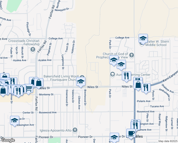 map of restaurants, bars, coffee shops, grocery stores, and more near 2700 Marivale Street in Bakersfield