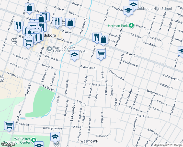 map of restaurants, bars, coffee shops, grocery stores, and more near 716 East Chestnut Street in Goldsboro