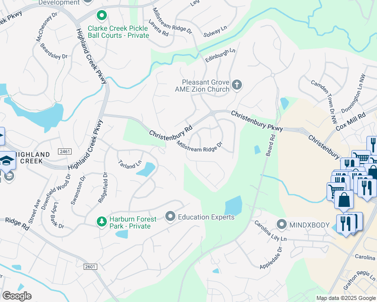 map of restaurants, bars, coffee shops, grocery stores, and more near 3600 Millstream Ridge Drive in Charlotte