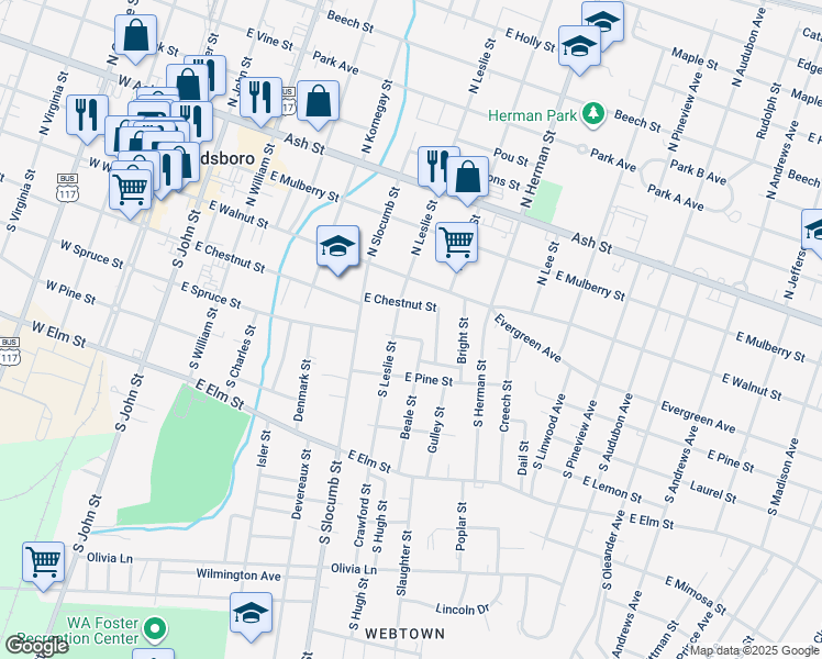 map of restaurants, bars, coffee shops, grocery stores, and more near 707 East Spruce Street in Goldsboro