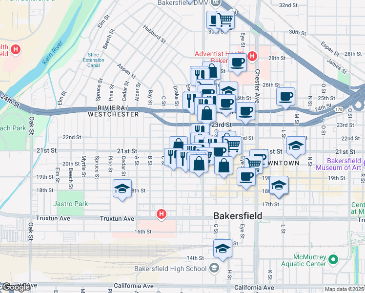 map of restaurants, bars, coffee shops, grocery stores, and more near 2001 22nd Street in Bakersfield