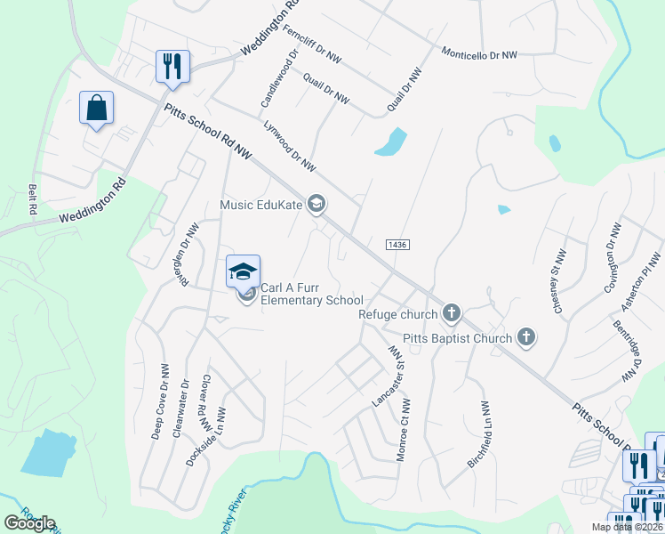 map of restaurants, bars, coffee shops, grocery stores, and more near 2564 Brackley Place Northwest in Concord