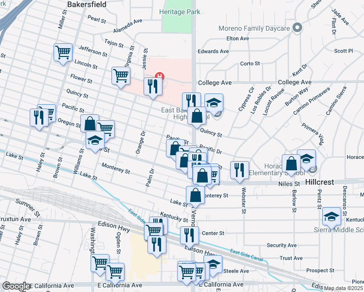 map of restaurants, bars, coffee shops, grocery stores, and more near 2120 Pacific Street in Bakersfield
