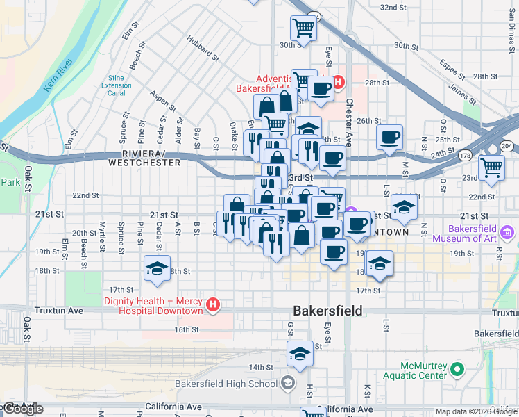 map of restaurants, bars, coffee shops, grocery stores, and more near 2001 22nd Street in Bakersfield